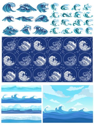 Set of Stylized Ocean Waves and Water Patterns Vector Collection Free Vector