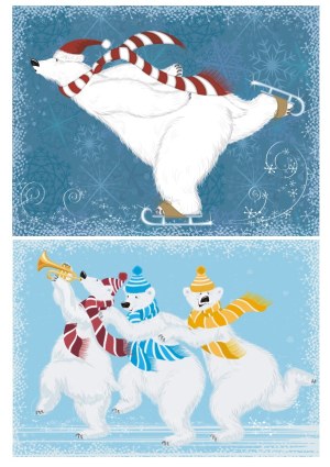 Winter Polar Bears Ice Skating and Playing Trumpet Vector Illustration Free Vector