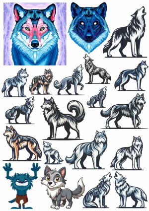 Collection of Wolf and Huskie Vector Illustrations and Cartoons Free Vector