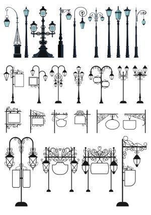 Vintage Street Lamps and Decorative Signposts Vector Set Free Vector