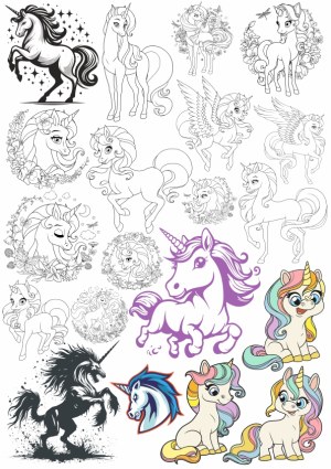 Assorted Unicorn Vector Set with Line Art and Color Illustrations Free Vector