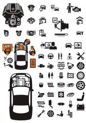Car Maintenance and Engine Parts Vector Icons Free Vector