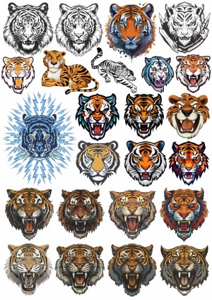 Collection of Colorful and Black-and-White Tiger Head and Full Body Vector Illustrations Free Vector