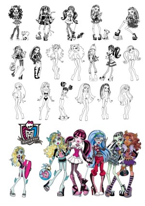 Monster High Doll Line Art and Color Vector Set Free Vector