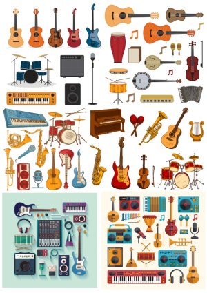 Collection of Various Musical Instruments and Equipment Vector Illustrations Free Vector