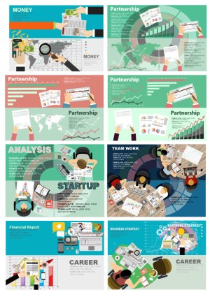 Business and Finance Infographics Collection with Teamwork and Analysis Themes Free Vector