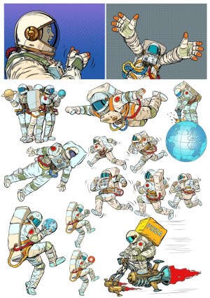 Cartoon Astronauts in Various Poses and Activities Free Vector