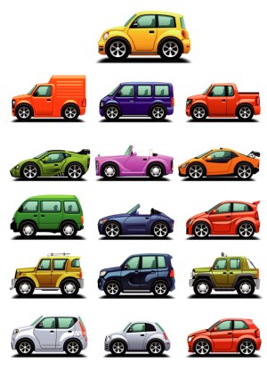 Set of 16 Colorful Cartoon Car Vector Illustrations Free Vector
