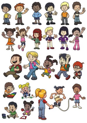 Diverse Cartoon Children in Various Poses and Activities Vector Set Free Vector