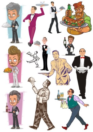 Illustrated Cartoon and Vintage Waiter Characters with Serving Trays Free Vector