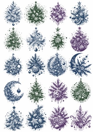 Set of Detailed Artistic Christmas Tree and Holiday Ornament Vectors Free Vector