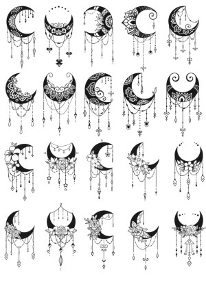 Decorative Crescent Moon Ornaments with Floral and Geometric Patterns Free Vector