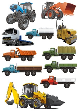 Realistic Construction and Transport Vehicle Vector Set Free Vector