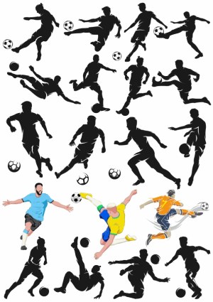 Silhouettes and Colored Illustrations of Soccer Players in Various Action Poses Free Vector