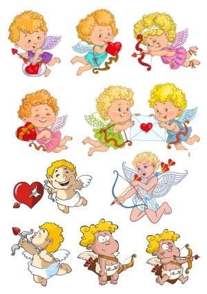 Cute Cupid Cherub Characters with Hearts and Bows Free Vector