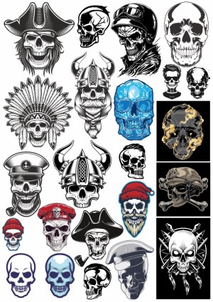 Collection of Various Skull Illustrations with Different Themes and Headgear Free Vector