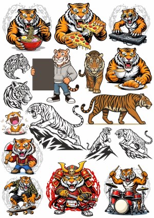 Tiger Character Collection with Food, Sports, and Warrior Themes Free Vector