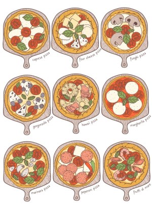 Hand-Drawn Illustrations of Nine Classic Italian Pizzas on Wooden Paddles Free Vector