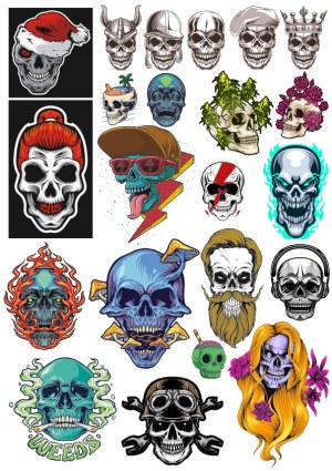 Collection of Colorful Skull Vector Designs with Various Themes Free Vector