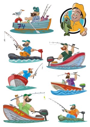 Set of Cartoon Fishermen with Boats and Fishing Gear Free Vector