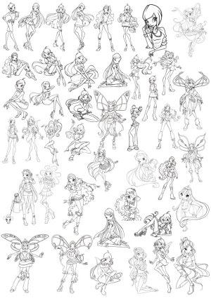 Black and White Line Art of Fashionable and Fantasy Female Characters Free Vector