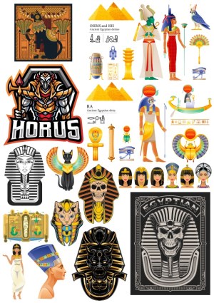 Vector Collection of Ancient Egyptian Deities, Pharaohs, and Mythological Symbols Free Vector