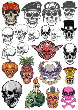 Collection of Stylized Skull Illustrations with Various Themes Free Vector