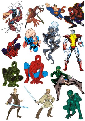 Collection of Iconic Superhero and Sci-Fi Action Characters in Dynamic Poses Free Vector