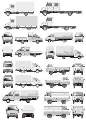 Vector Set of Various Cargo and Utility Trucks in Multiple Views Free Vector