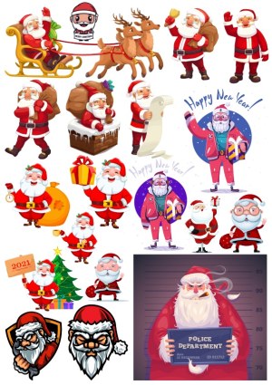 Collection of Various Santa Claus Illustrations and Christmas-themed Characters Free Vector