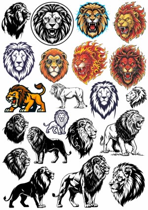 Lion Heads and Full-Body Lion Vector Illustrations Set Free Vector
