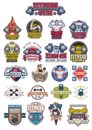 Set of Fitness and Gym Vector Logos and Emblems Free Vector