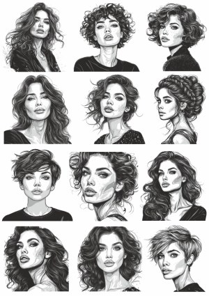 Collection of Black and White Digital Sketches of Women with Various Hairstyles Free Vector