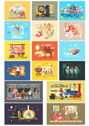 Set of 15 Colorful Vector Illustrations of Daily Life, Activities, and Scenes Free Vector