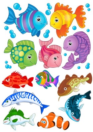 Colorful Cartoon Fish Collection with Water Bubbles Free Vector