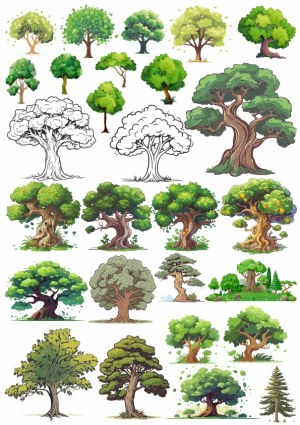 Collection of Diverse Cartoon Trees with Various Styles and Colors Free Vector