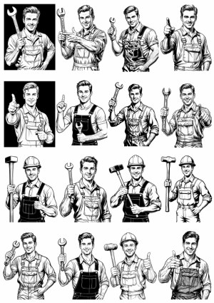Set of Black and White Vector Illustrations of Male Mechanics and Construction Workers with Tools Free Vector