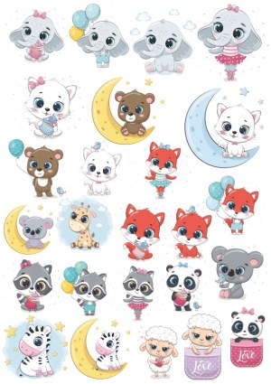 Cute Baby Animals Collection with Balloons, Moon, and Cupcakes Free Vector