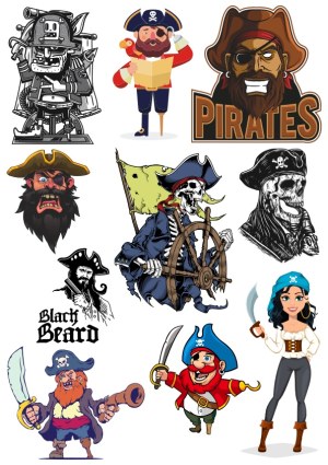 Assorted Pirate Characters and Skeletons Vector Illustrations Free Vector