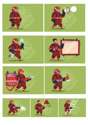 Firefighter in Action Vector Illustrations Set Free Vector