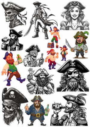 Collection of Pirate and Skeleton Pirate Illustrations Free Vector