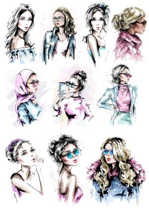 Fashion Illustration Set of Diverse Women Portraits with Accessories Free Vector