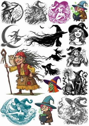 Collection of Witch and Sorceress Vector Illustrations Free Vector