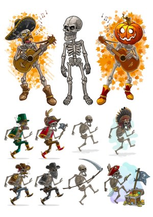 Skeleton Characters in Costumes and Action Poses Vector Collection Free Vector