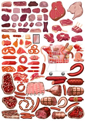 Variety of Meat Cuts and Sausages with Shopping Cart Vector Illustration Free Vector