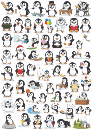 Cute Penguin Characters in Various Activities and Costumes Free Vector