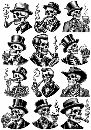 Vintage Skeleton Men Smoking Pipes and Holding Drinks Vector Set Free Vector