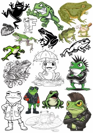 Collection of Diverse Frog Illustrations and Cartoons Free Vector