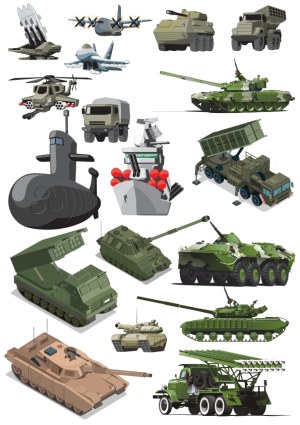 Set of Military Vehicles and Weapons Vector Illustrations Free Vector