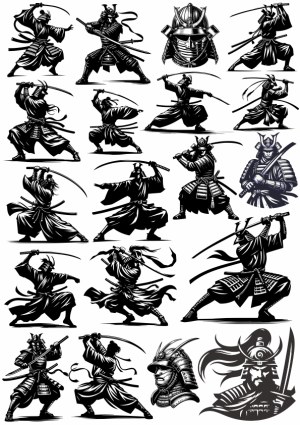 Samurai Warriors and Armor Silhouette Vector Set Free Vector